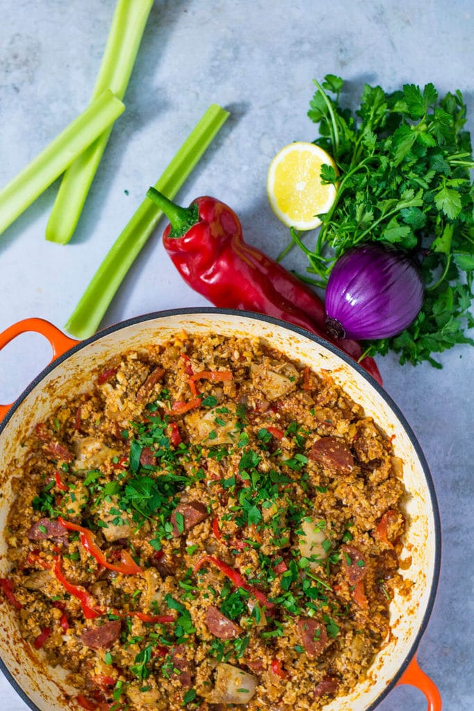 low carb keto jambalaya with chorizo and chicken