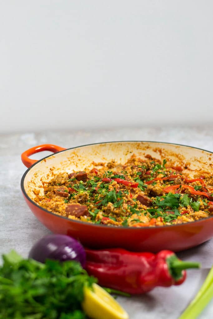 keto jambalaya with chicken and chorizo