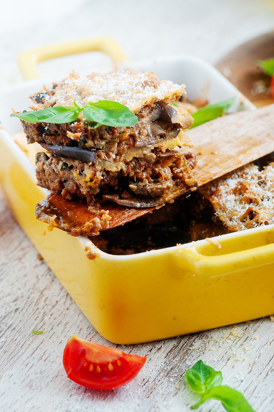 portion of keto lasagna with pork and mushrooms