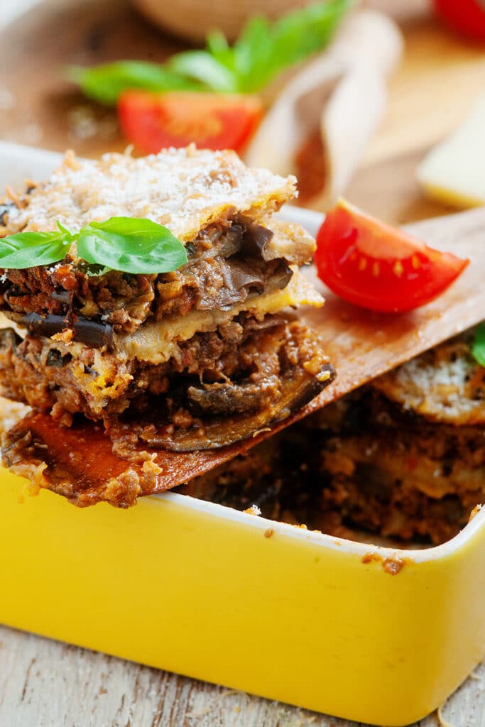 portion of keto lasagna with pork and mushroom