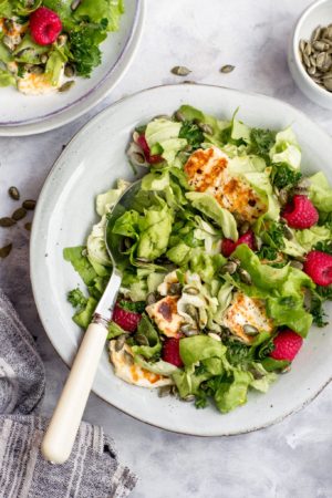 Lunch with keto grilled halloumi salad