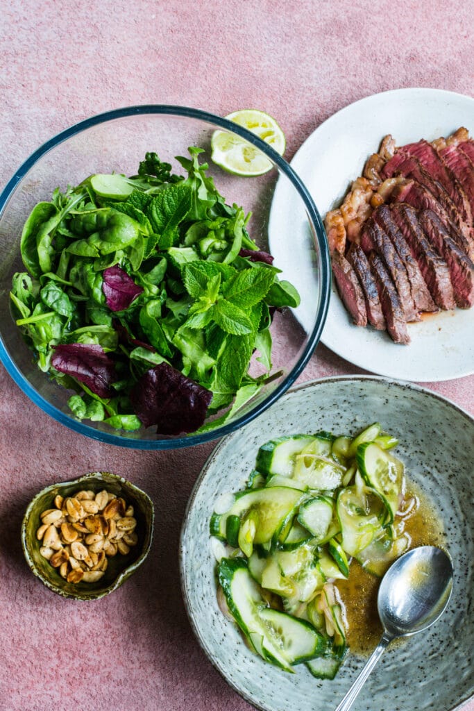 Ingredients for keto Thai-inspired beef salad