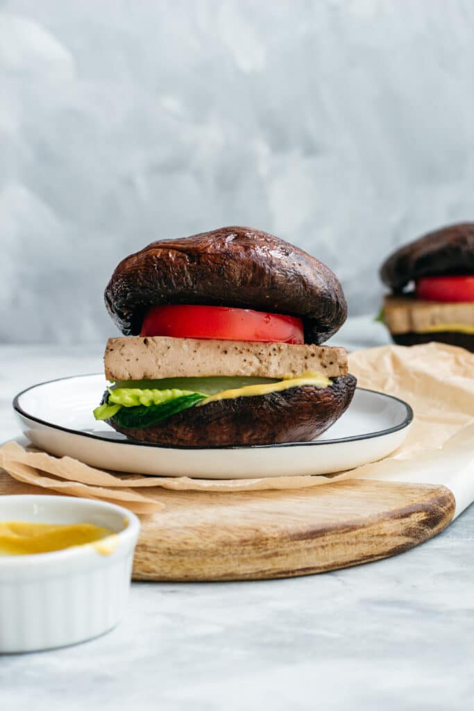 Keto vegan portobello mushroom burger with tofu