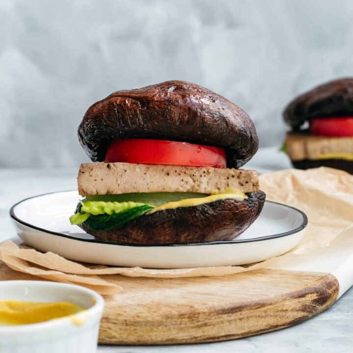 Keto vegan portobello mushroom burger with tofu