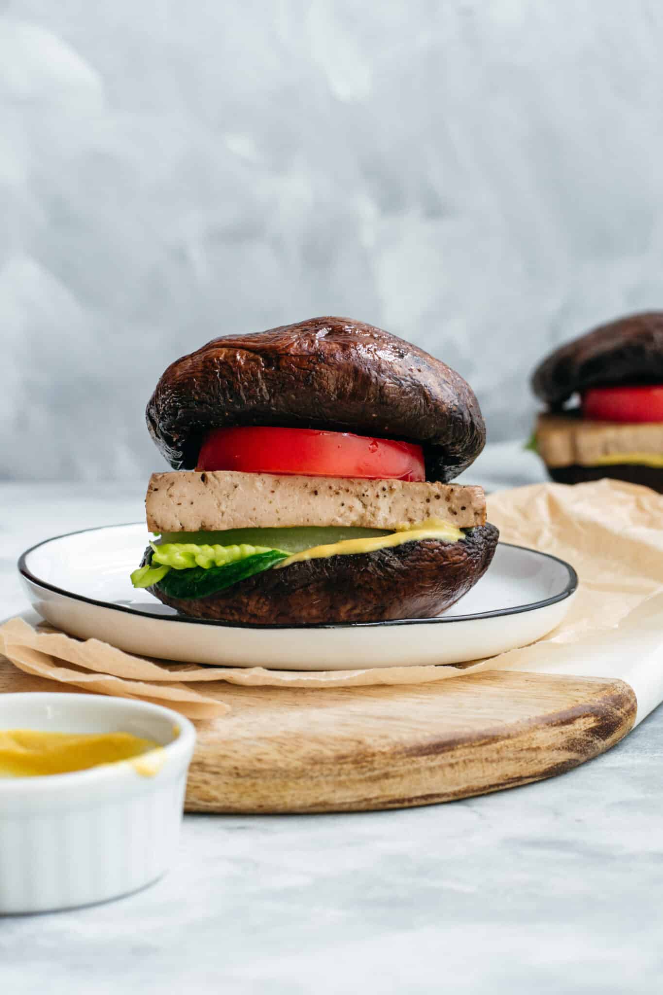 Keto vegan portobello mushroom burger with tofu