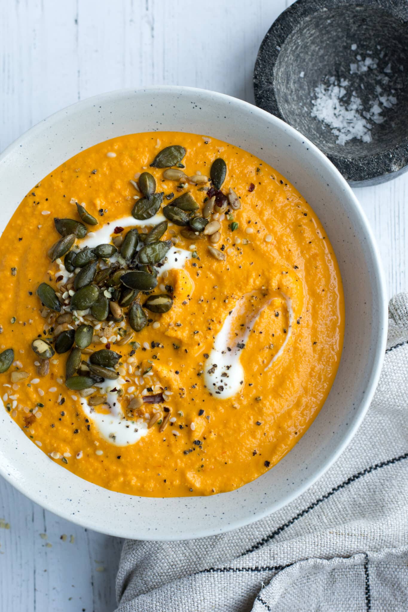 Keto roasted vegetable soup with mixed seeds