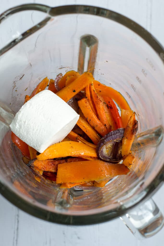 Ingredients for keto roasted vegetable soup in a blender