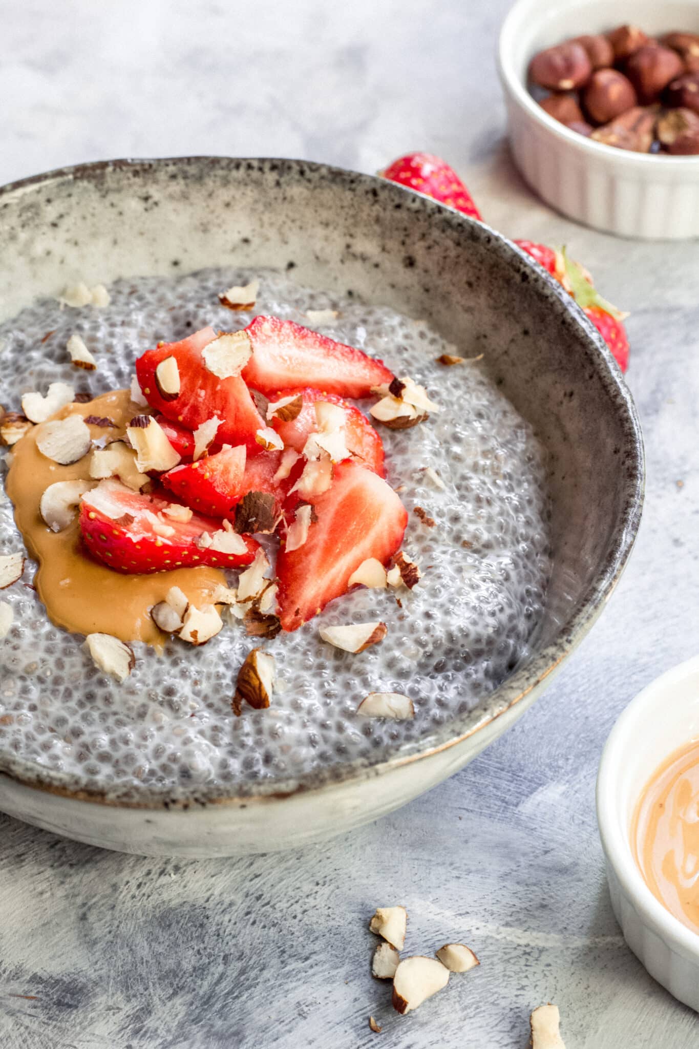 Vegan keto chia seed pudding with strawberries on top