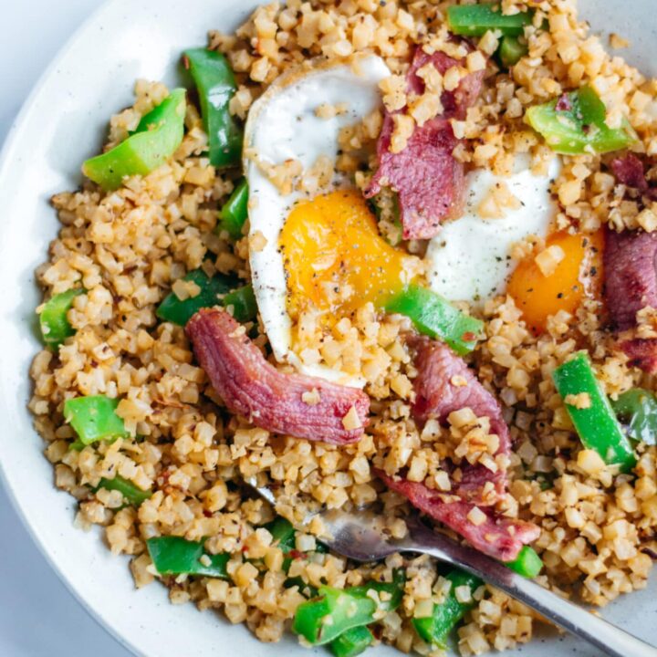 Keto bacon and eggs fried cauliflower rice