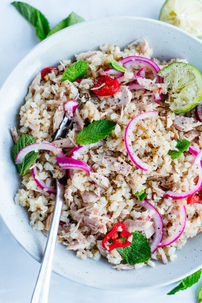 Keto tuna cauliflower rice stir fry with marinated red onions