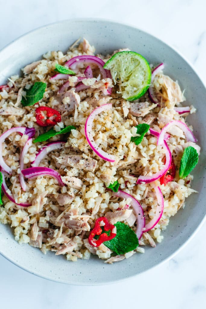 Keto tuna cauliflower rice stir fry in a bowl