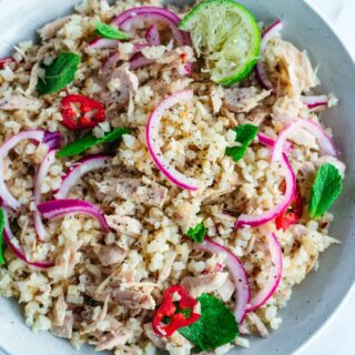 Keto tuna cauliflower rice stir fry in a bowl