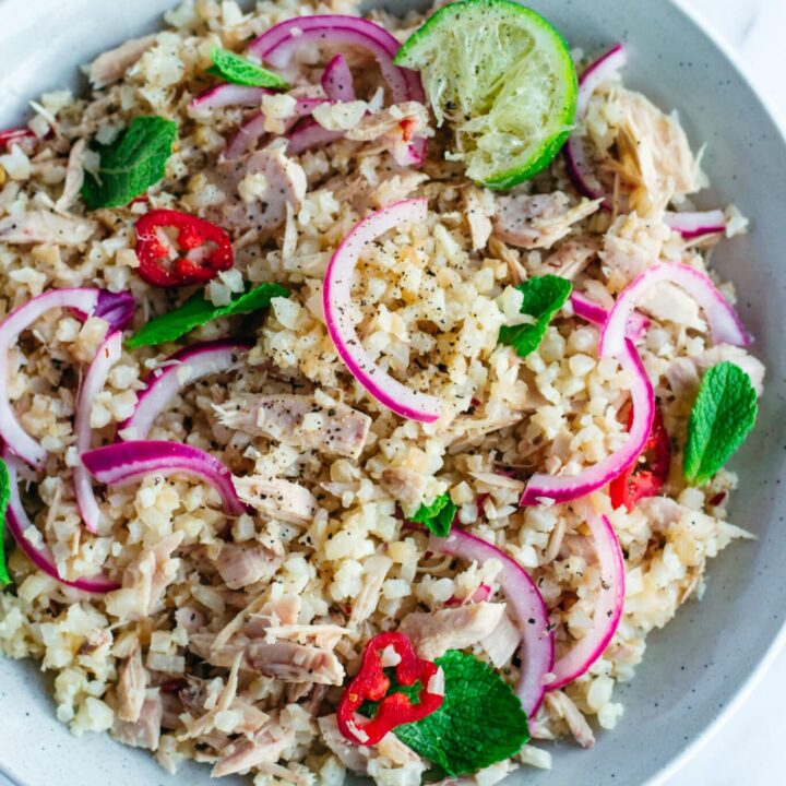 Keto tuna cauliflower rice stir fry in a bowl
