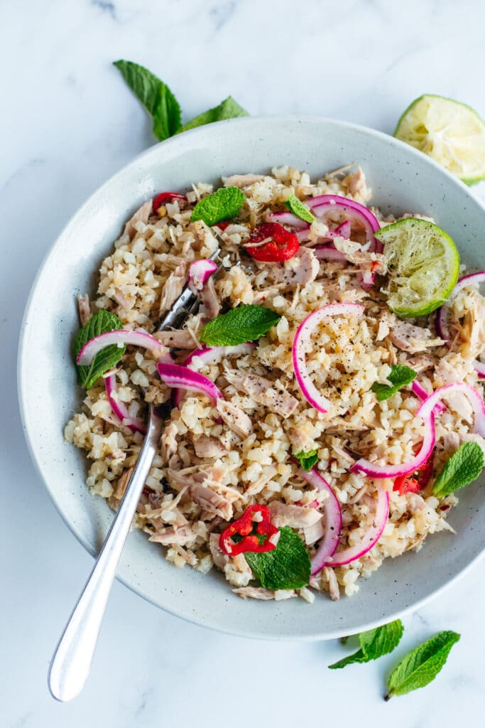 Keto tuna cauliflower rice stir fry in a bowl