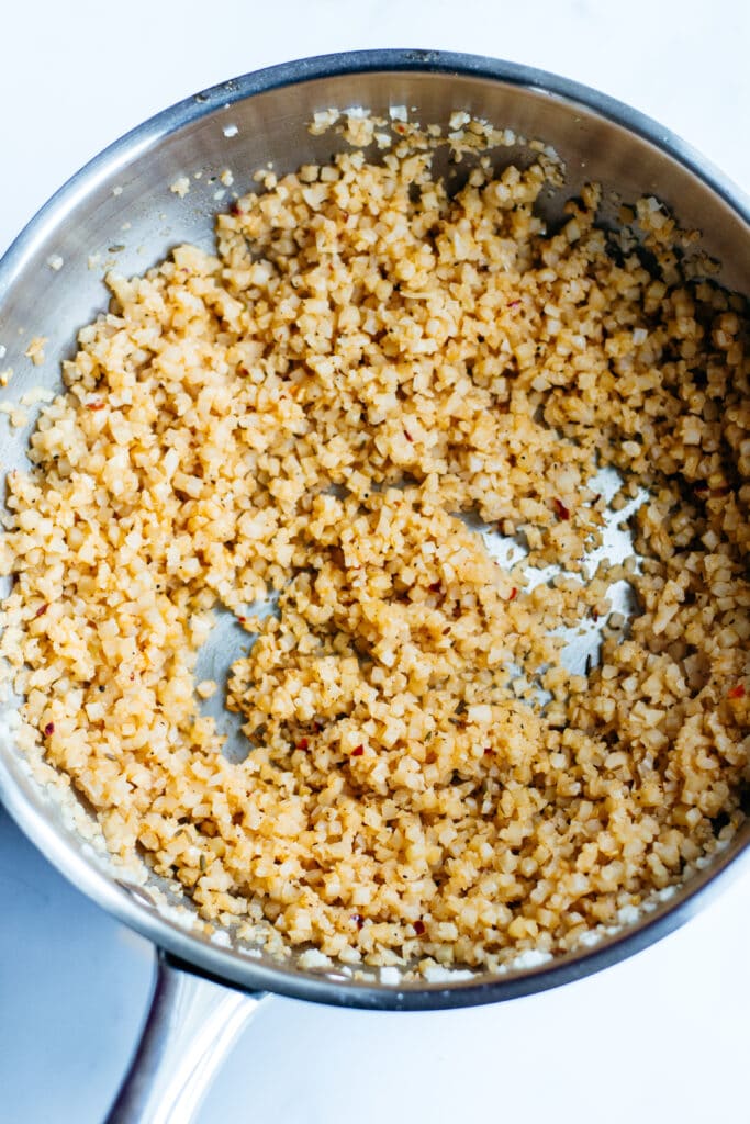 Cauliflower rice in a pan