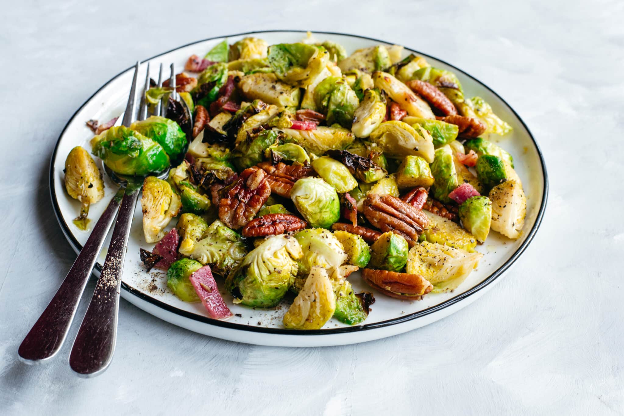 Keto roasted Brussels sprouts with bacon and pecans