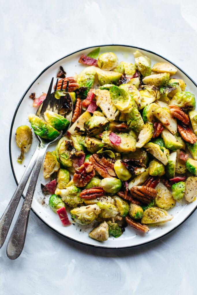 Keto roasted Brussels sprouts with bacon and pecans