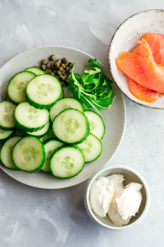 Cucumber, smoked salmon, rocket, cream cheese and capers