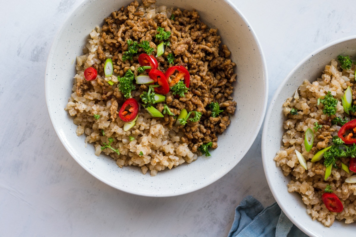 pork stir fry in two bowls