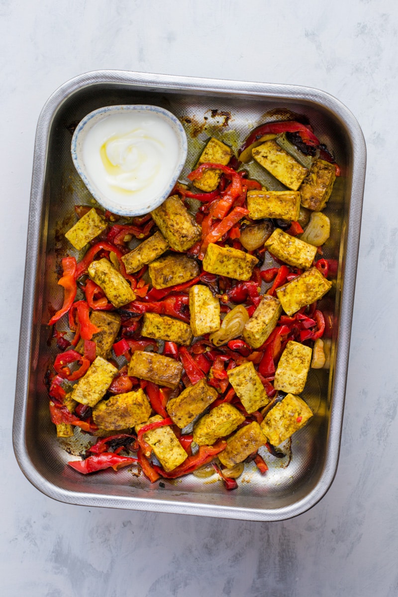Vegan keto sheet pan curried tofu and veggies dinner