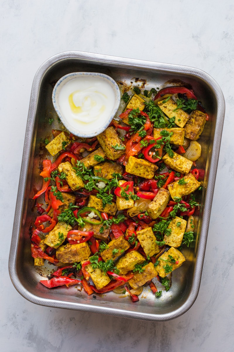 Vegan keto sheet pan curried tofu and veggies dinner