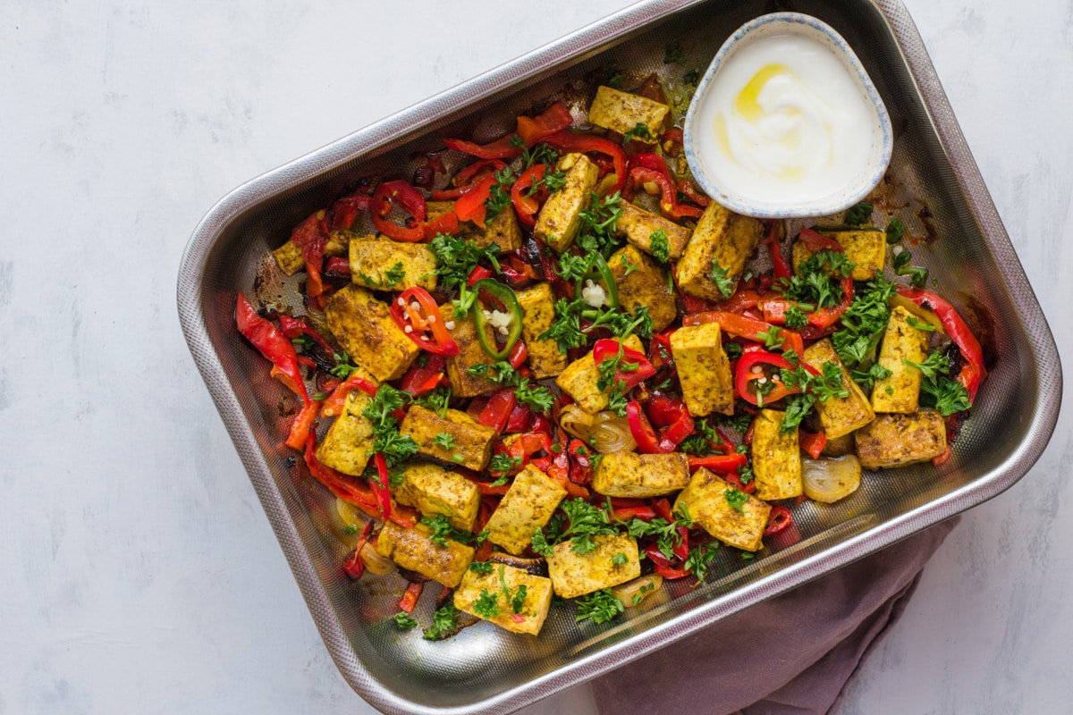 keto sheet pan curried tofu and veggies dinner