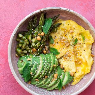Eggs, avocado and asparagus in a bowl