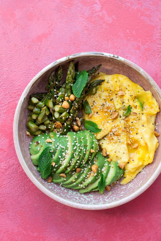 Eggs, avocado and asparagus in a bowl