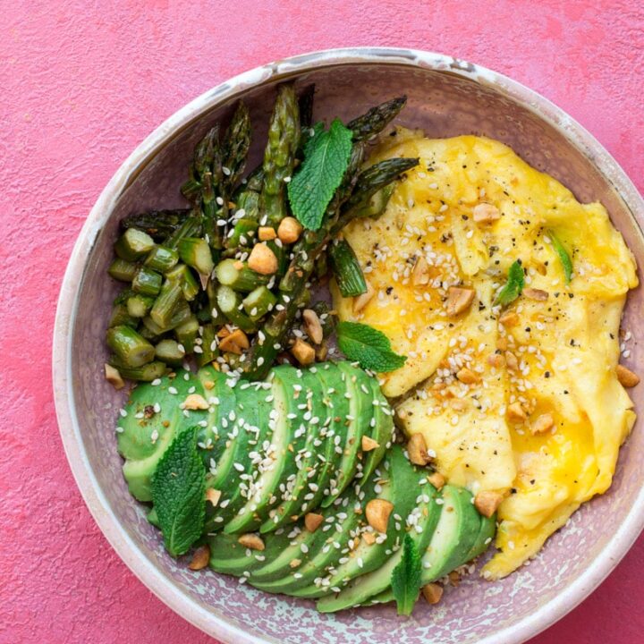 Eggs, avocado and asparagus in a bowl