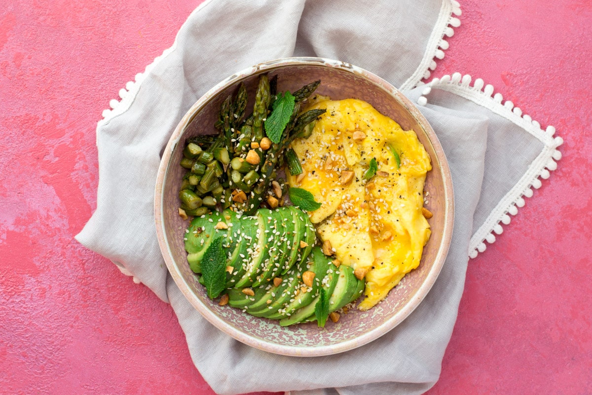 Eggs, avocado and asparagus in a bowl with mint and nut granola