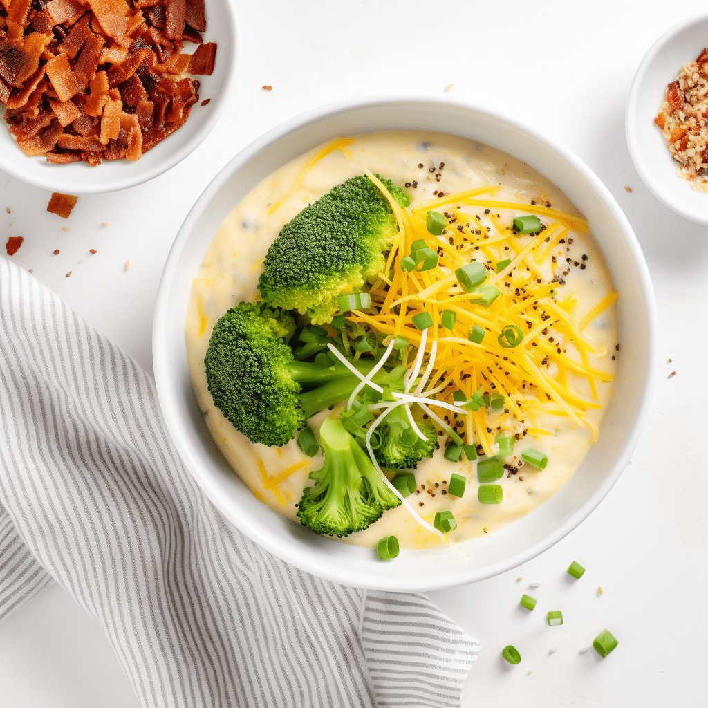 Keto Broccoli Cheese Soup Garnished and Ready to Serve