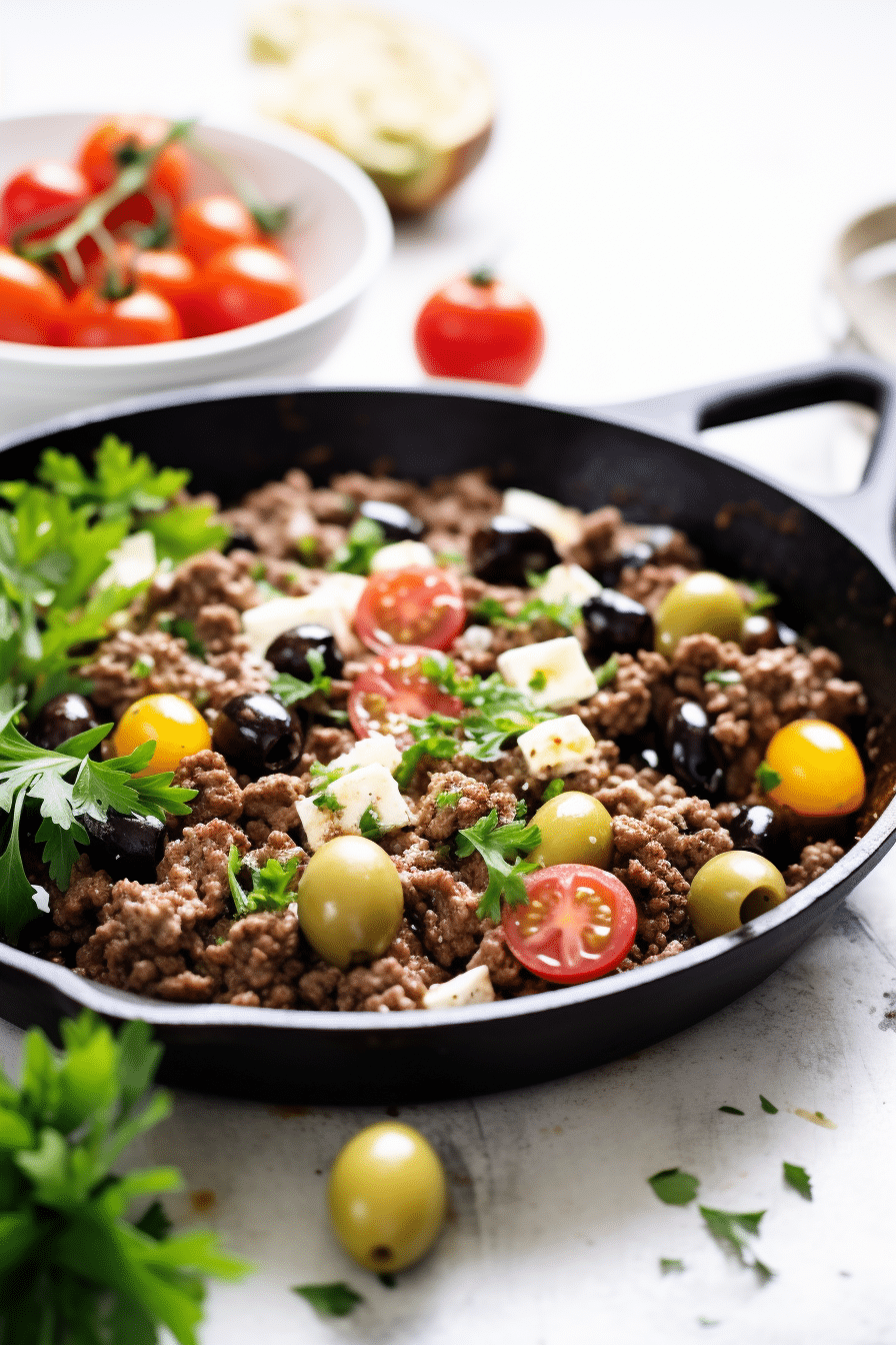 Keto Mediterranean Beef and Olive Skillet Cooking