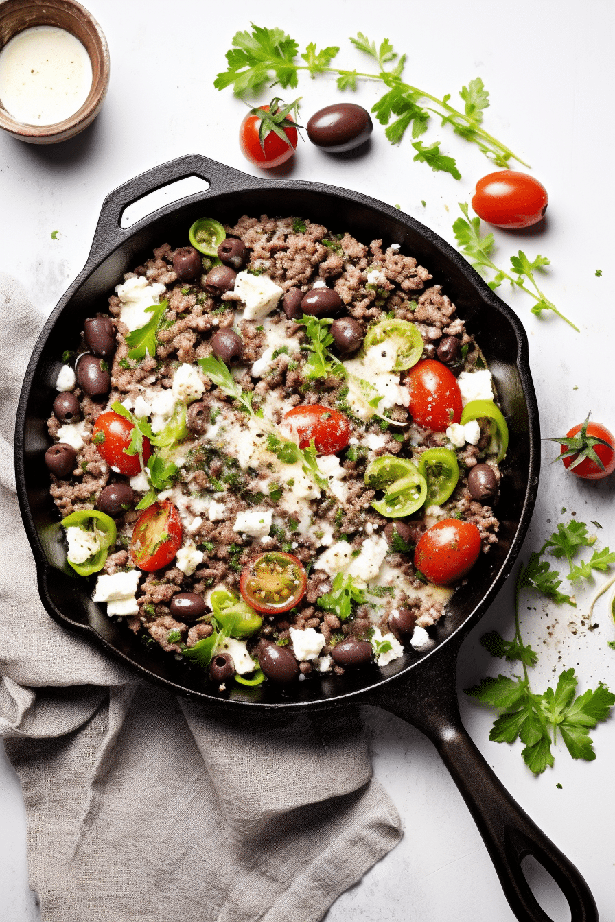 Ingredients for Keto Mediterranean Beef and Olive Skillet