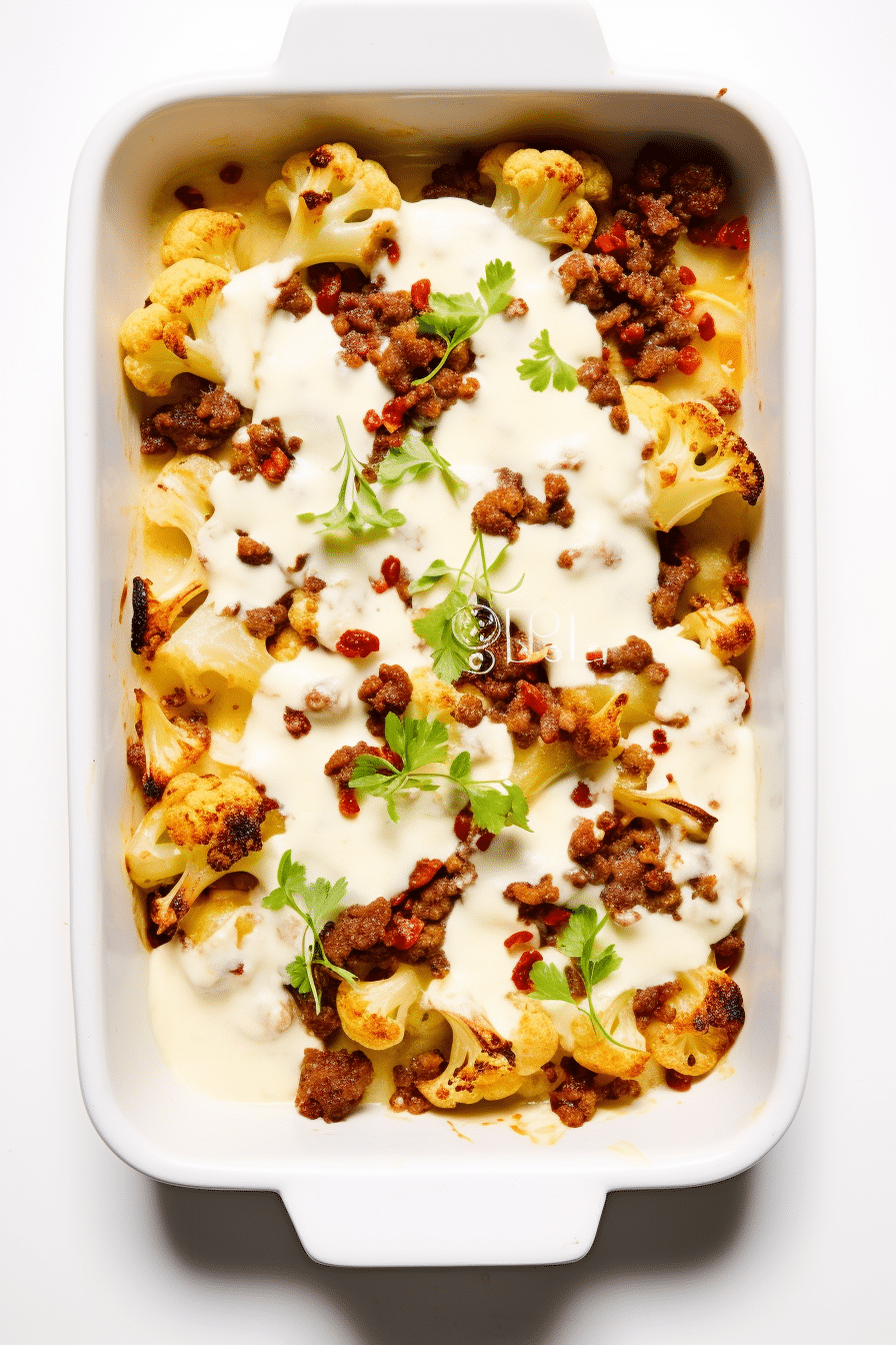 Low-Carb Chorizo and Green Chili Cauliflower Mac and Cheese Baked