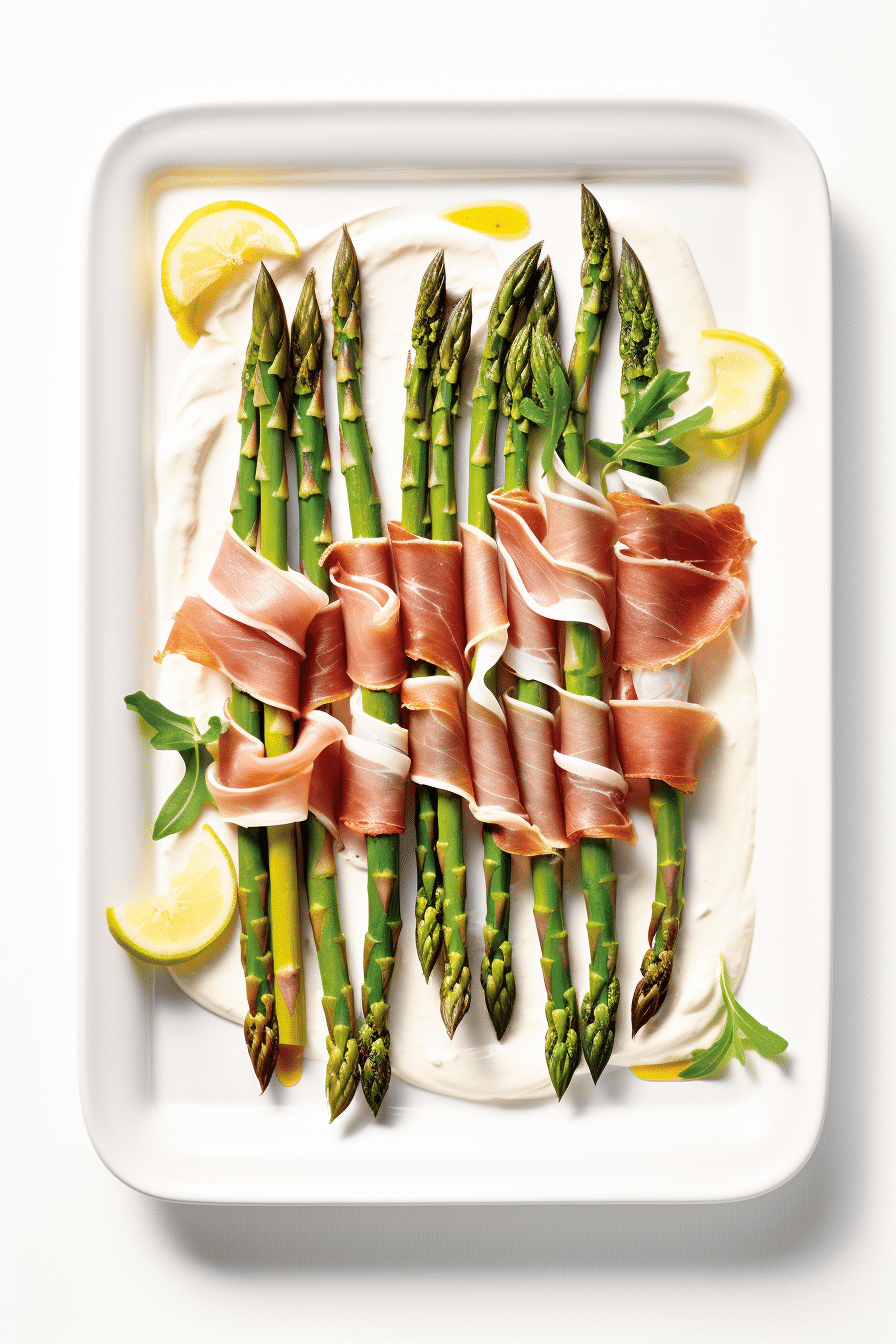 Finished Prosciutto-Wrapped Asparagus with Hollandaise Sauce