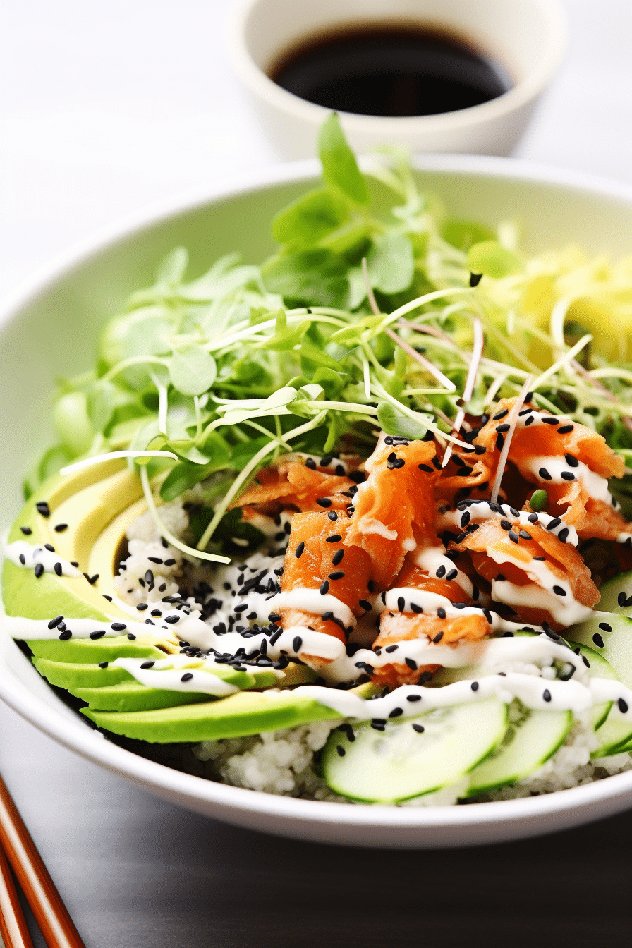 Keto Spicy Salmon Sushi Roll Bowl Garnished