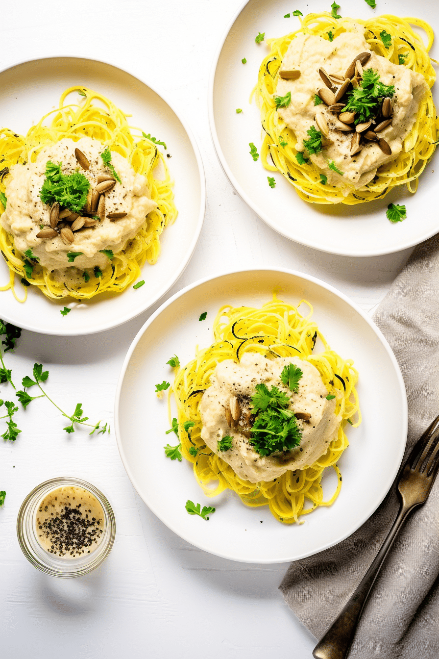 Keto Vegan Spaghetti Squash Alfredo Ready to Serve