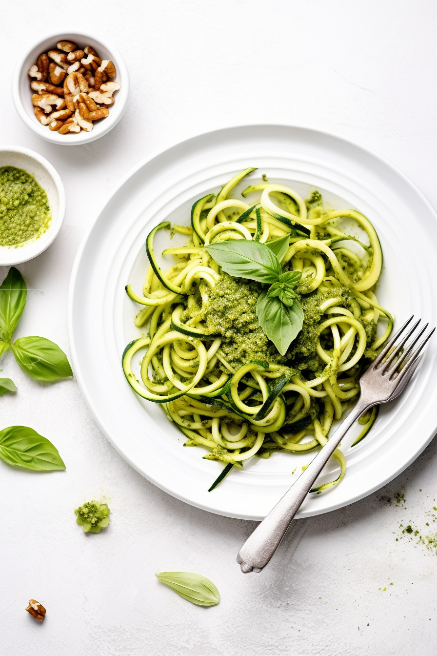 Keto Vegan Zucchini Noodles with Walnut Pesto Ready to Serve