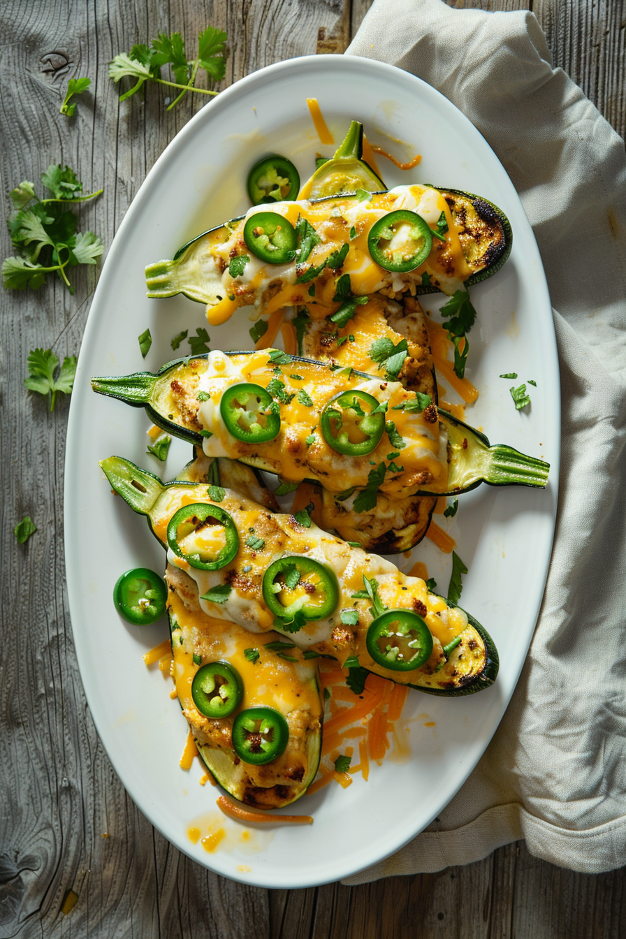 Chicken Stuffed Zucchini with Cheese and Jalapeños