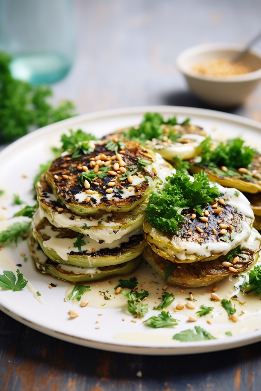 Grilled Cabbage Steaks with Tahini Dressing
