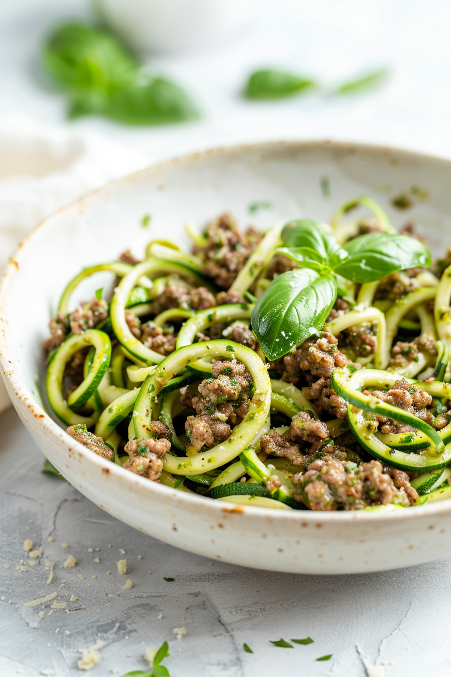 Ground Beef Zucchini Noodles with Pesto Cooking