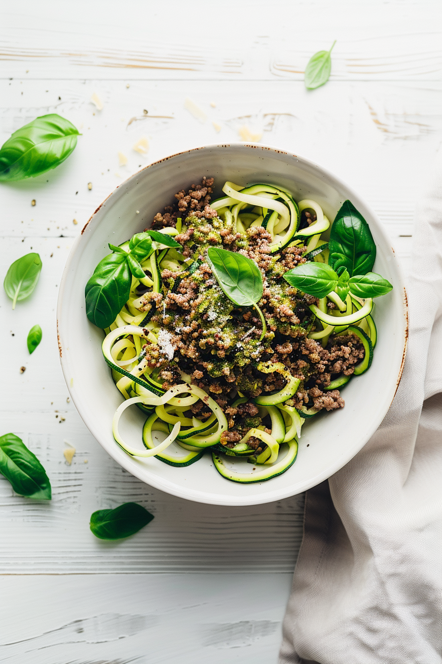 Ground Beef Zucchini Noodles with Pesto