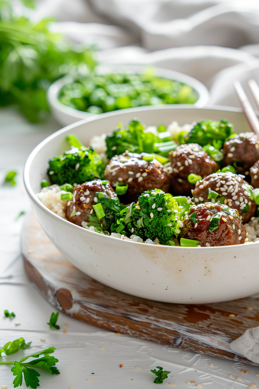 Keto Beef and Broccoli Meatball Bowls Ready to Serve
