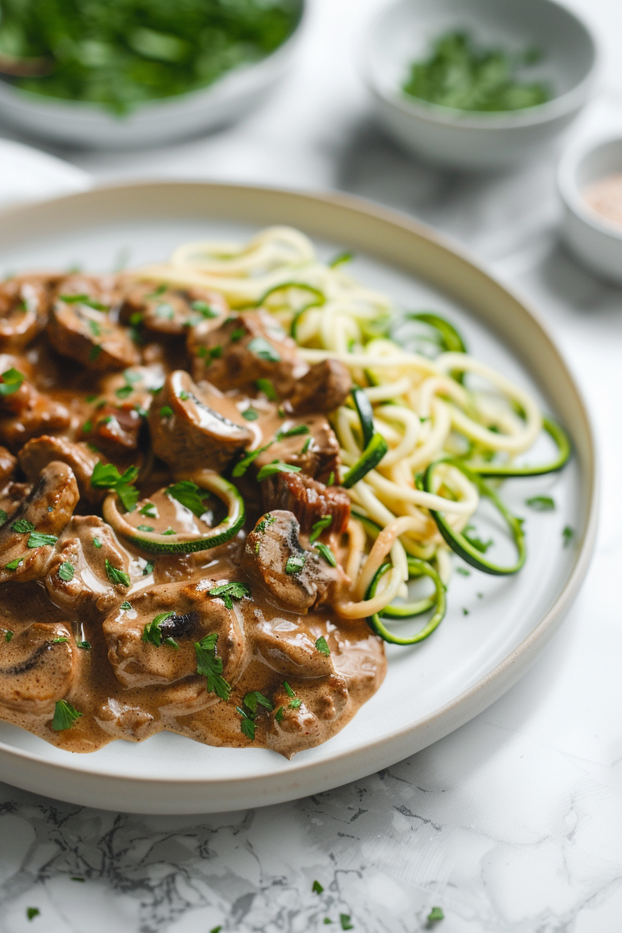 Keto Beef Stroganoff with Zucchini Noodles Cooking