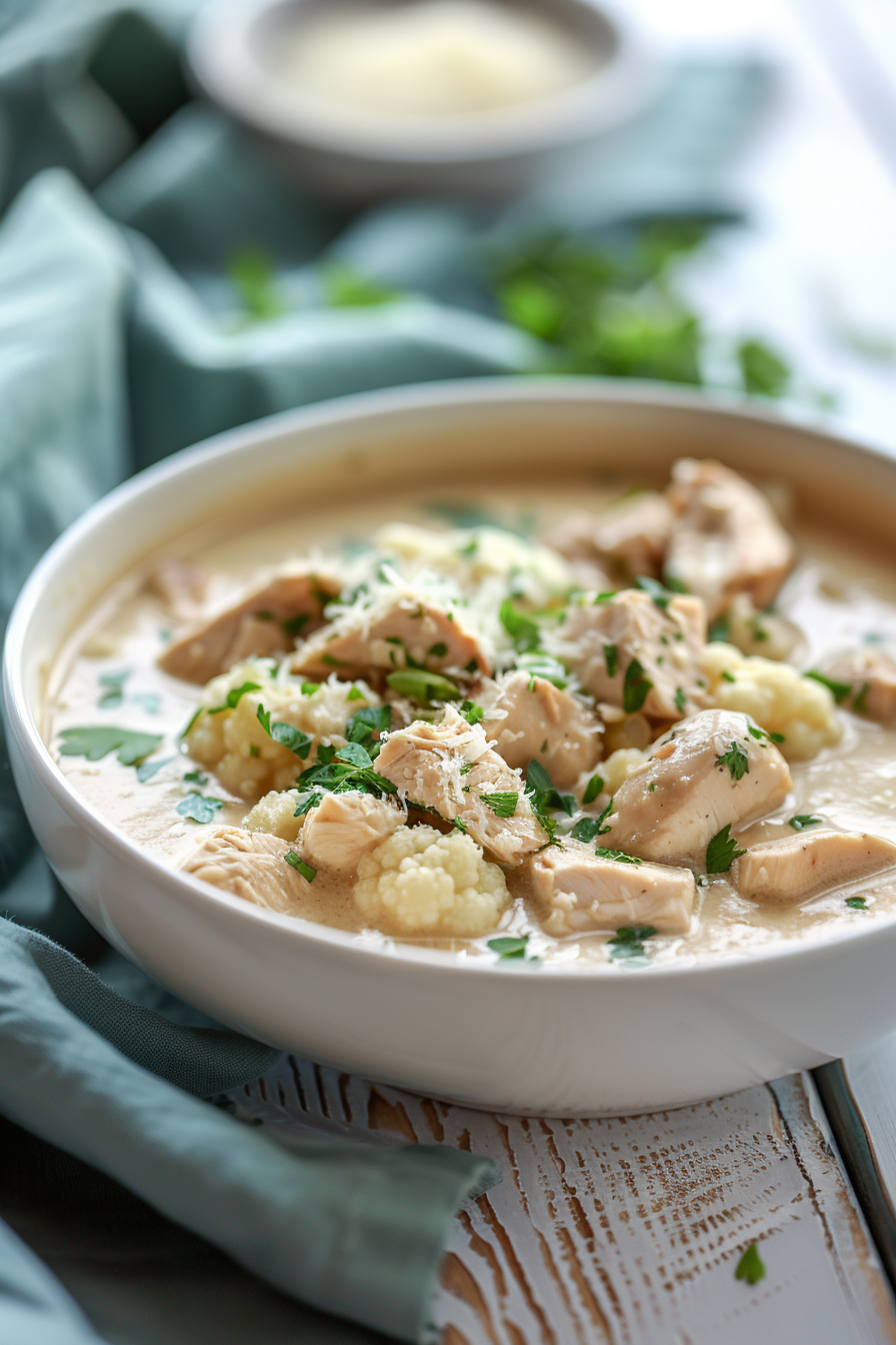 Finished Keto Chicken and Cauliflower Rice Soup