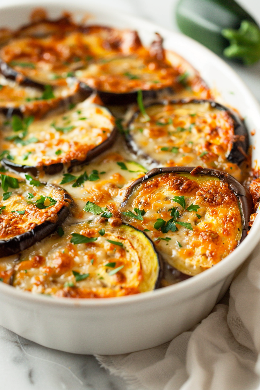 Keto Eggplant and Zucchini Gratin in Dish