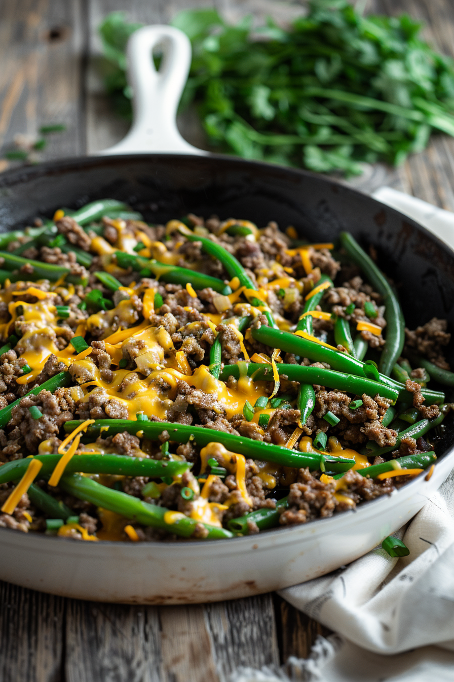 Preparing Keto Ground Beef and Green Bean Skillet