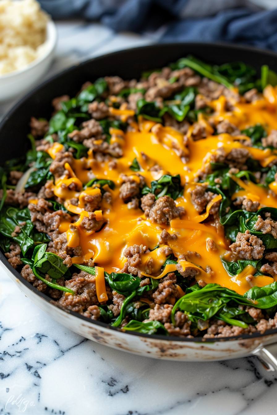Finished Keto Ground Beef and Spinach Skillet