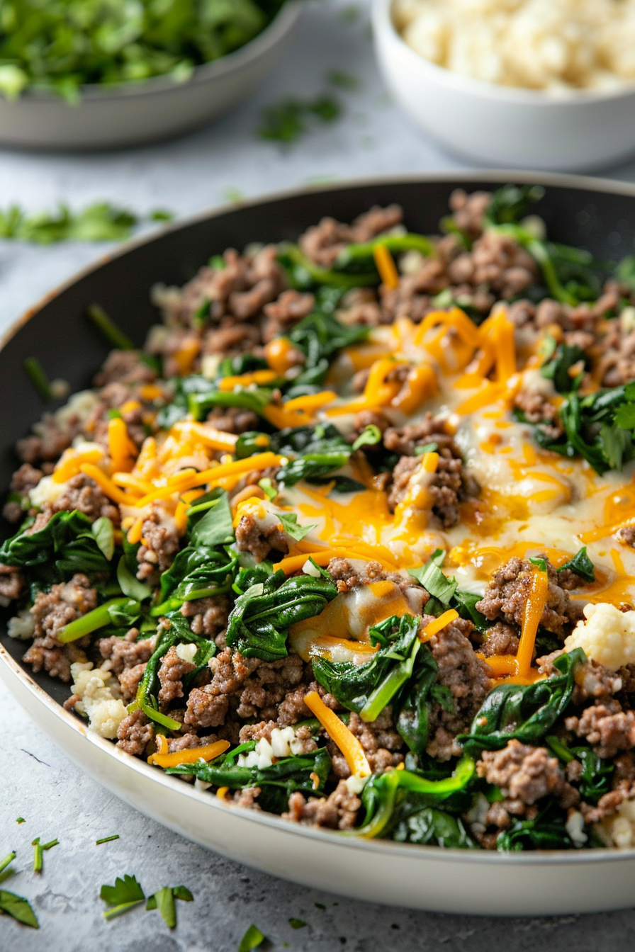 Cooking Keto Ground Beef and Spinach Skillet