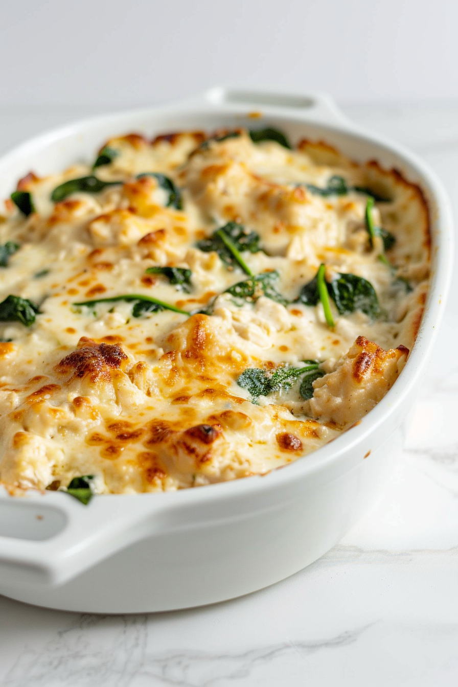 Keto Ground Chicken and Spinach Alfredo Casserole